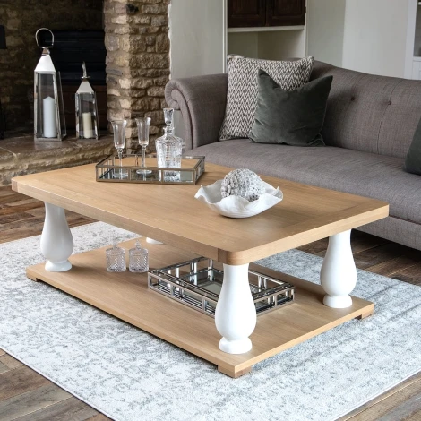 Farmhouse White & Oak Coffee Table With Shelf