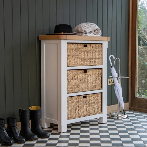 Farmhouse White & Oak Hallway Storage - 3 Wicker Basket Chest