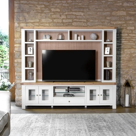 Farmhouse White & Oak XL TV Unit Shelf Surround With High Storage