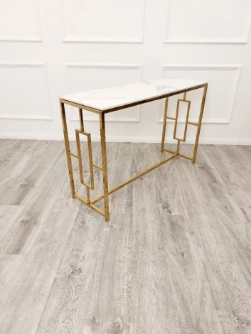 6-CONTF-GEO-GOAS43G - Geo Polar White Sintered Stone Console Table Gold Legs