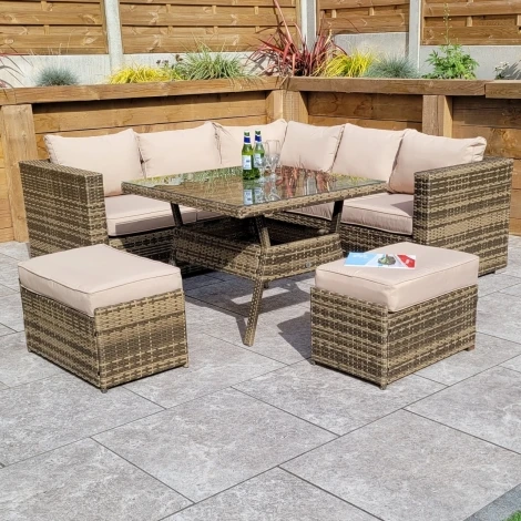 Georgia Outdoor Brown Rattan Corner Sofa Dining Set