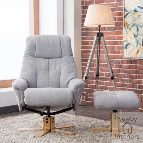 GFA Dubai Lisbon Silver Fabric Swivel Recliner Chair & Footstool