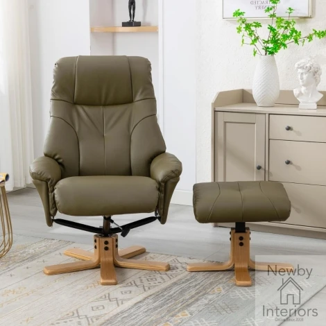 GFA Dubai Olive Green Faux Leather Swivel Recliner Chair & Footstool