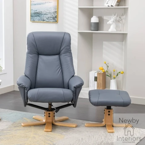 GFA Hawaii Petrol Blue Leather Swivel Recliner Chair & Stool