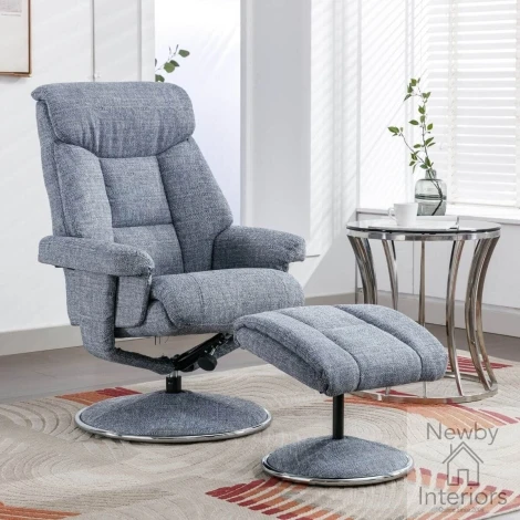 GFA Biarritz Lisbon Marine Blue Fabric Swivel Recliner Chair & Footstool