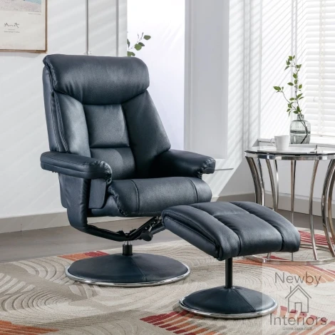 GFA Biarritz Navy Blue Faux Leather Swivel Recliner Chair & Footstool