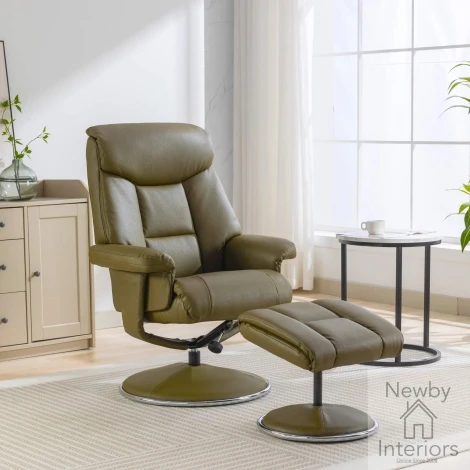 GFA Biarritz Olive Green Faux Leather Swivel Recliner Chair & Footstool