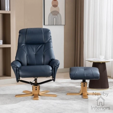 GFA Dubai Navy Blue Faux Leather Swivel Recliner Chair & Footstool