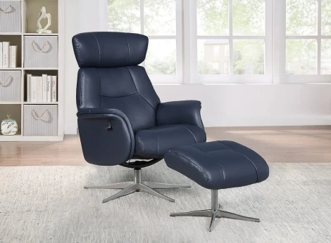 580982 - GFA Murcia Navy Blue Leather Swivel Recliner & Stool