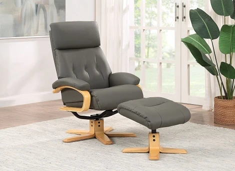 GFA Vienna Charcoal Leather 360 Swivel Recliner & Footstool