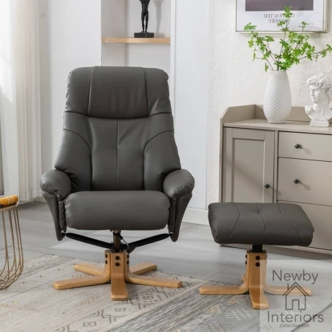 590342 - GFA Dubai Cinder Grey Full Leather Swivel Recliner Chair & Footstool