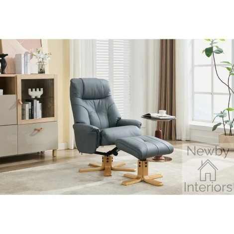 590343 - GFA Dubai Petrol Blue Full Leather Swivel Recliner Chair & Footstool