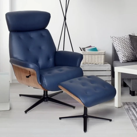 78289 - GFA Nordic Navy Blue Leather 360 Swivel Recliner and Footstool