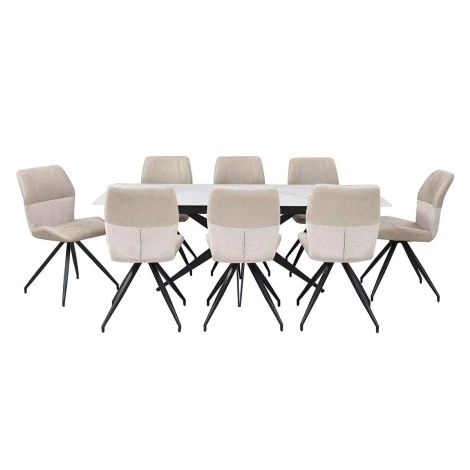 ET2318A-1620-GW + DC04-TP-MNK (8) - Gold White Ceramic Extending Dining Table Set with 8 Mink Chairs
