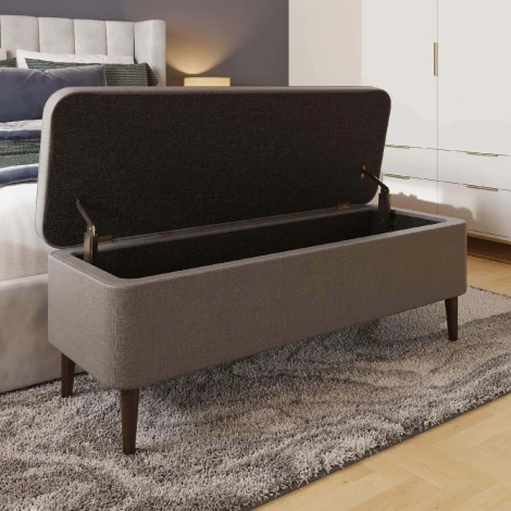 OTHARGY - Grey Linen Ottoman Storage Bench With Solid Wooden Legs
