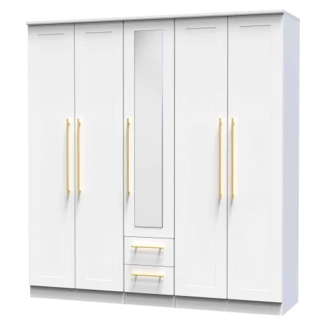 HAW191-WM-WM - Haworth White Matt Tall 5 Door 2 Drawers Centre Mirror Wardrobe