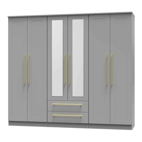 HAW192-DG-DG - Haworth Dusk Grey Tall 6 Door 2 Drawers Centre Mirror Wardrobe