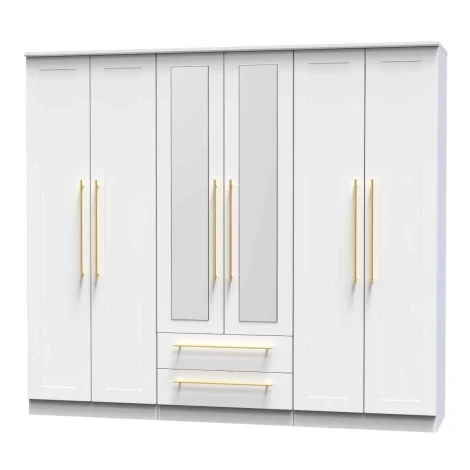 HAW192-WM-WM - Haworth White Matt Tall 6 Door 2 Drawers Centre Mirror Wardrobe
