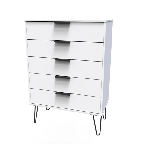 HK012-WM-C - Hong Kong White Matt 5 Drawer Chest Black Hairpin Leg
