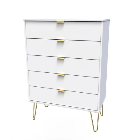HK012-WM-F - Hong Kong White Matt 5 Drawer Chest Gold Hairpin Leg