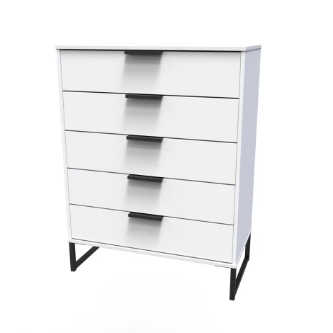 HK012-WM-G - Hong Kong White Matt 5 Drawer Chest Black Sleigh Leg