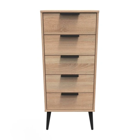 HK003-BO-B - Hong Kong Bardolino Oak 5 Drawer Narrow Chest Black Wood Leg