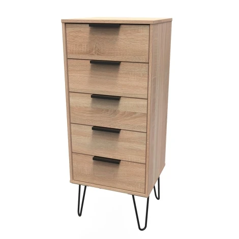 HK003-BO-C - Hong Kong Bardolino Oak 5 Drawer Narrow Chest Black Hairpin Leg