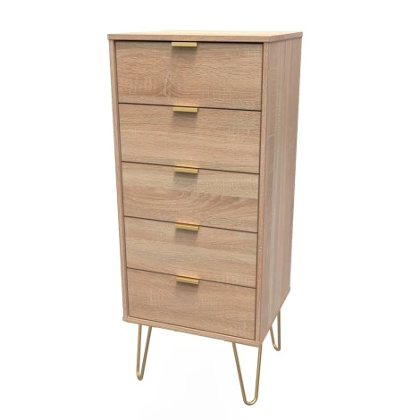HK003-BO-F - Hong Kong Bardolino Oak 5 Drawer Narrow Chest Gold Hairpin Leg