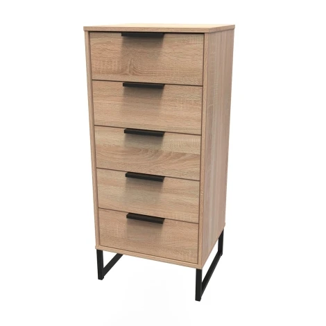 HK003-BO-G - Hong Kong Bardolino Oak 5 Drawer Narrow Chest Black Sleigh Leg