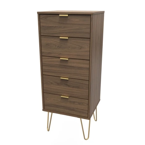 Hong Kong Carini Walnut 5 Drawer Narrow Chest Gold Hairpin Leg