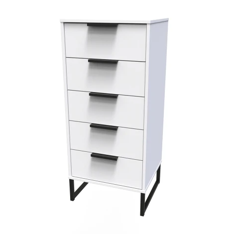 HK003-WM-G - Hong Kong White Matt 5 Drawer Narrow Chest Black Sleigh Leg