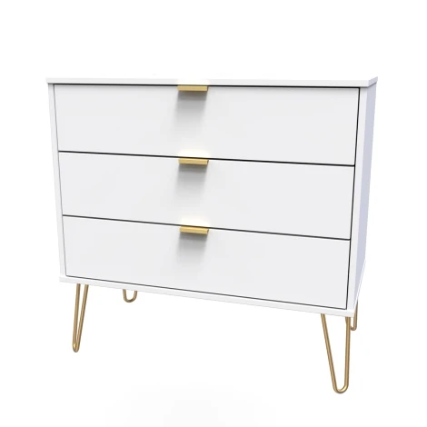 HK010-WM-F - Hong Kong White Matt 3 Drawer Chest Gold Hairpin Leg