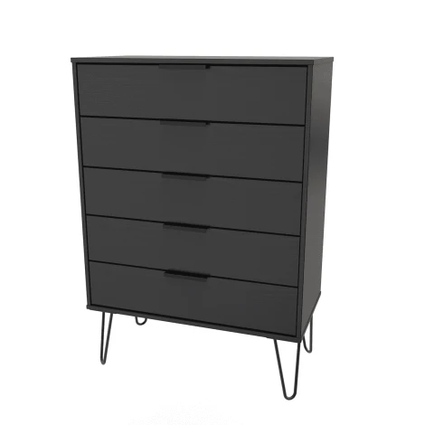 HK012-BM-C - Hong Kong Black 5 Drawer Chest Black Hairpin Leg