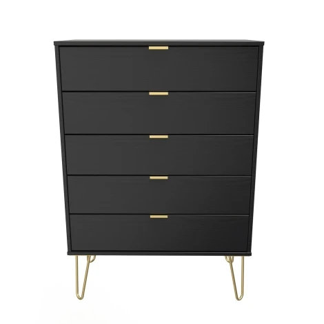 HK012-BM-F - Hong Kong Black 5 Drawer Chest Gold Hairpin Leg