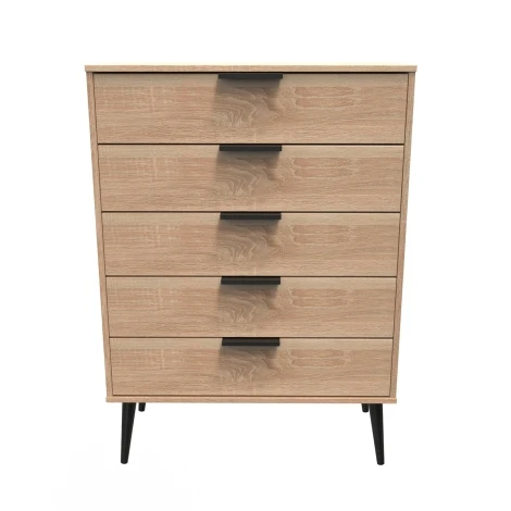 HK012-BO-B - Hong Kong Bardolino Oak 5 Drawer Chest Black Wood Leg