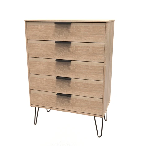 HK012-BO-C - Hong Kong Bardolino Oak 5 Drawer Chest Black Hairpin Leg