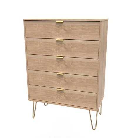 HK012-BO-F - Hong Kong Bardolino Oak 5 Drawer Chest Gold Hairpin Leg