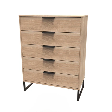 HK012-BO-G - Hong Kong Bardolino Oak 5 Drawer Chest Black Sleigh Leg