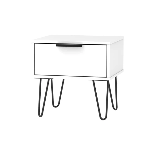 HK016-WM-C - Hong Kong White Matt 1 Drawer Bedside Table Black Hairpin Leg