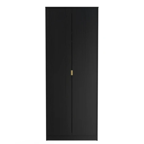 HK080-BM-F - Hong Kong Black 2 Door Plain Tall Double Wardrobe Gold Handle