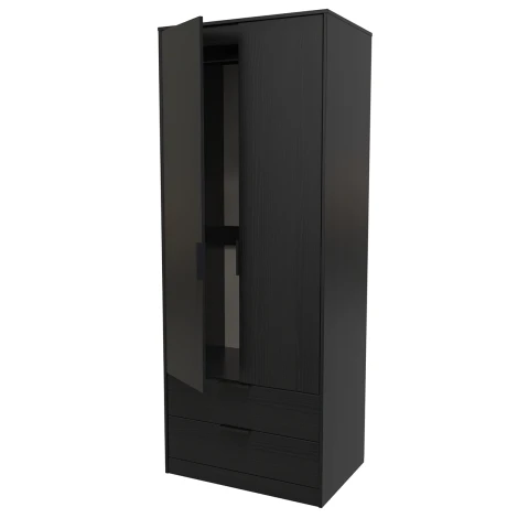 HK081-BM-B - Hong Kong Black 2 Door 2 Drawer Plain Tall Double Wardrobe