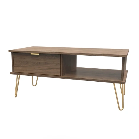 HK231-CW-F - Hong Kong Carini Walnut 1 Drawer Coffee Table Gold Hairpin Legs