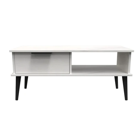 HK231-MB-B - Hong Kong Marble 1 Drawer Coffee Table Black Wooden Legs