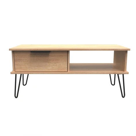 HK231-NB-C - Hong Kong Nebraska Oak 1 Drawer Coffee Table Black Hairpin Legs