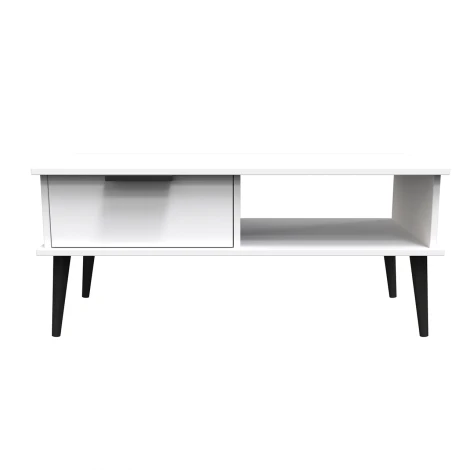 HK231-WM-B - Hong Kong White Matt 1 Drawer Coffee Table Black Wooden Legs