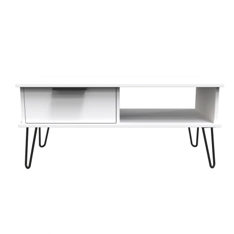 HK231-WM-C - Hong Kong White Matt 1 Drawer Coffee Table Black Hairpin Legs