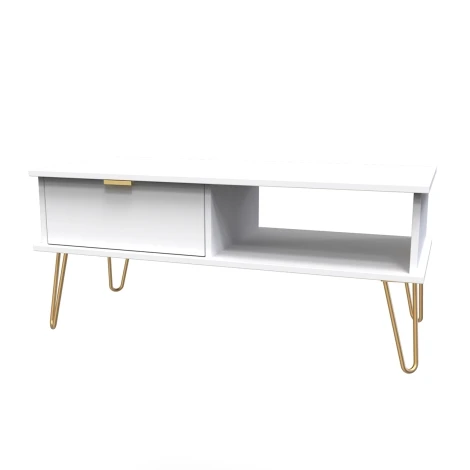 HK231-WM-F - Hong Kong White Matt 1 Drawer Coffee Table Gold Hairpin Legs