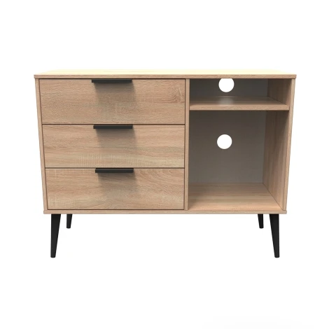 HK246-BO-B - Hong Kong Bardolino Oak 3 Drawer TV Unit Black Wooden Legs