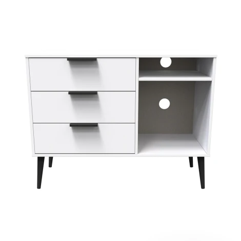HK246-WM-B - Hong Kong White Matt 3 Drawer TV Unit Black Wooden Legs