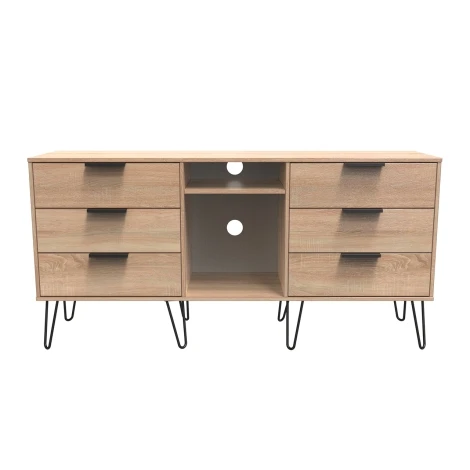 HK247-BO-C - Hong Kong - Bardolino Oak - 6 Drawer - TV Unit - Black Hairpin Legs